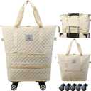 Expandable Foldable Wheeled Travel Duffle Bag - Detachable Rolling Wheels Carry On Gift (White)