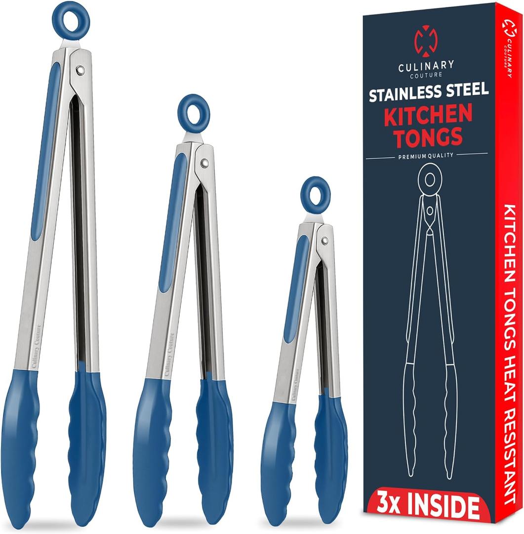 Kitchen Tongs with Silicone Tips Set of 3 Heat Resistant Tongs for Serving Food, 7-Inch, 9-Inch, 12-Inch Locking Silicone Tongs for Cooking, Salad Tong, Blue Kitchen Utensils