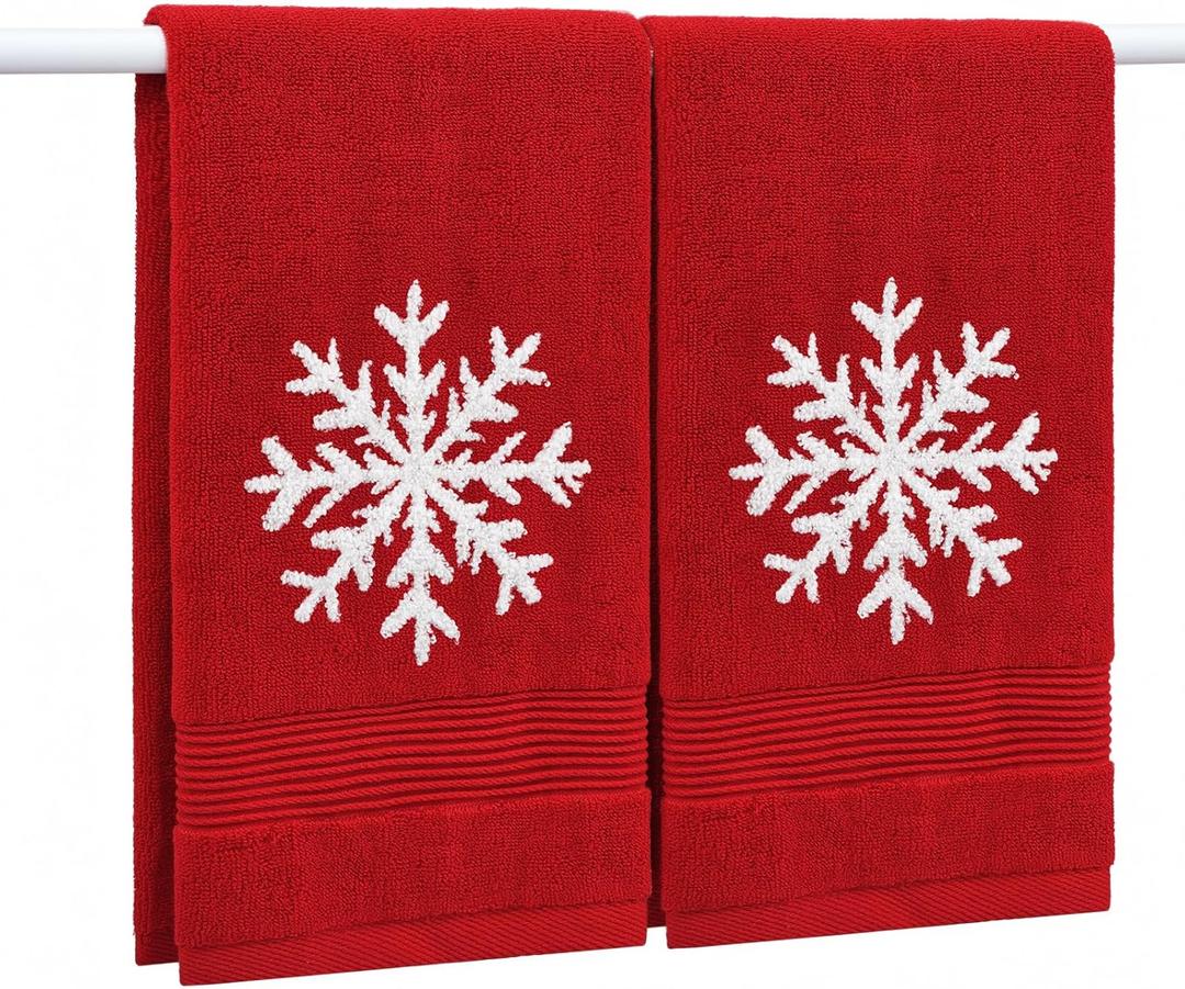 MelonBoat Pack of 2 Towels Set, Christmas Hand Towels for Bathroom with Embroidered White Snowflake, Soft Absorbent Polyester Xmas Decoration for Bath Gym Spa Kitchen Family Home Decor, 13.7"x29.5"