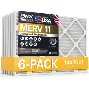 BNX TruFilter 14x20x1 Air Filter MERV 11 (6-Pack) - MADE IN USA - Allergen Defense Electrostatic Pleated Air Conditioner HVAC AC Furnace Filters for Allergies, Dust, Pet, Smoke, Allergy MPR 1200 FPR 7