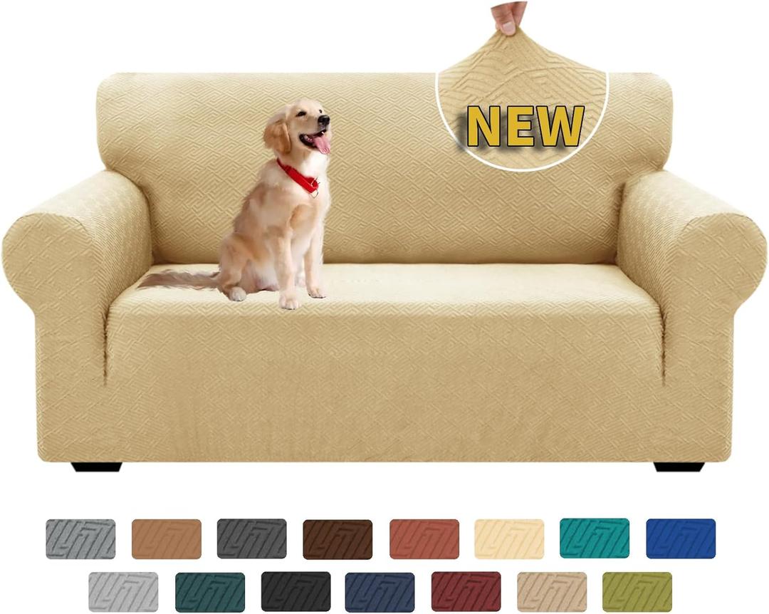 XINEAGE 2025 New 1 Piece Couch Covers for 2 Cushion (55"-69") Stretch Loveseat Sofa Cover Slipcover Jacquard Universal Furniture Protector with Elastic Bottom for Kids,Dog (Loveseat, Beige) (Medium (55"-69"))