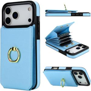 Folosu Compatible with iPhone 17 Pro Max Case Wallet with Card Holder, 360Rotation Finger Ring Holder Kickstand, RFID Blocking Leather Protective Double Buttons Shockproof Cover 6.9 Inch Blue