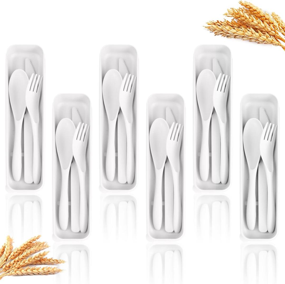 Homienly Reusable Wheat Straw Cutlery with Case, 6 Sets Wheat Straw Portable Knife Fork Spoons Tableware, Unbreakable Ttavel Utensils with Case, Lunch Utensils Set for Work, Picnic(White)