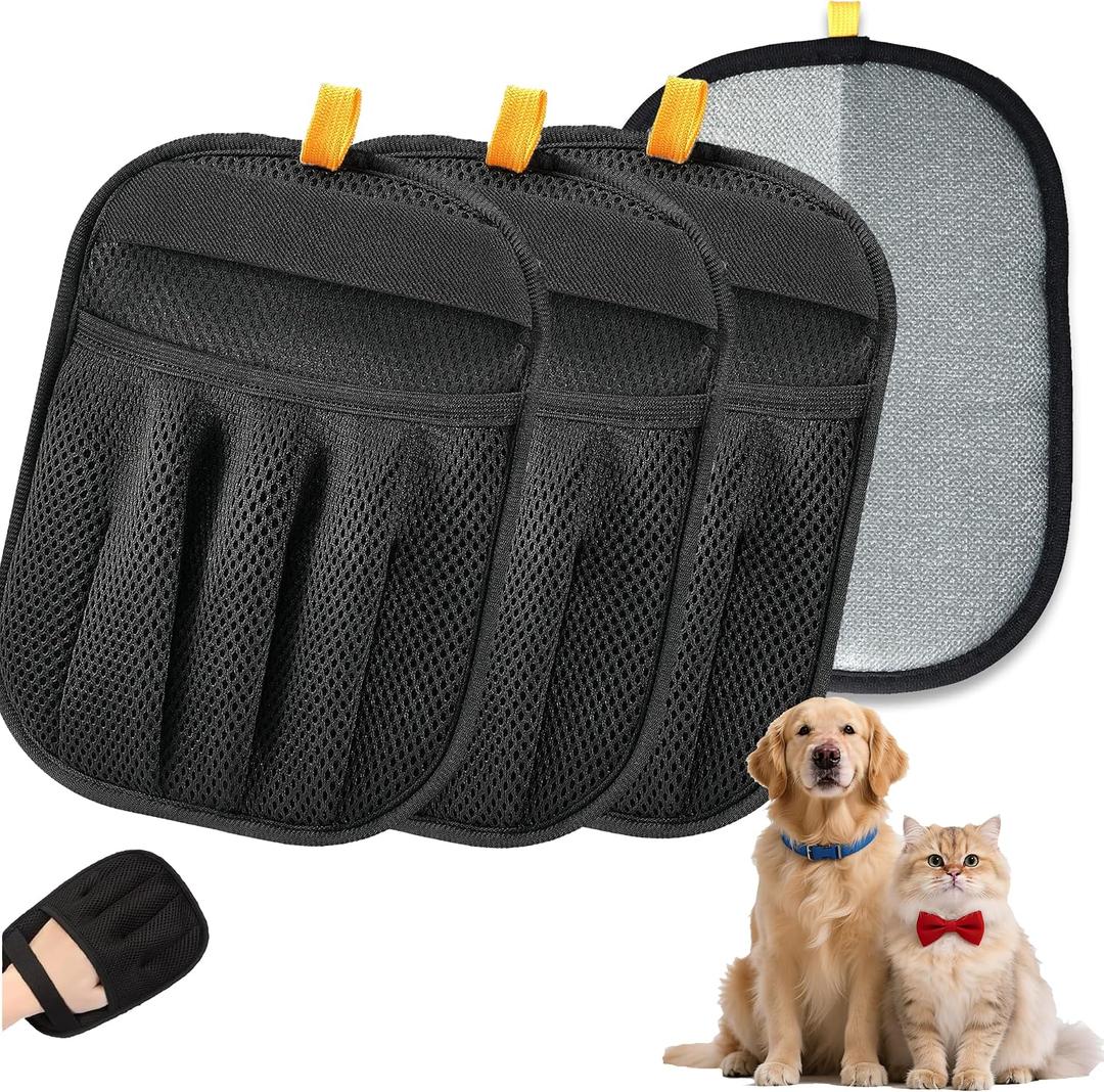 Upgraded 4 Pack Pet Hair Removal Gloves for Cats Dogs, Reusable Electrostatic Pet Hair Remover Gloves, Dual Use for Pet Grooming & Furniture Cleaning, for Couch, Carpet, Clothes, Car Seats | Five-finger flexible fit Cost-effective vs lint roller Rinse clean instantly Scenario-separated use Bath & massage compatible