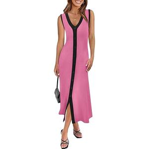 Saodimallsu Womens Summer Button Down Sweater Dresses Sleeveless V Neck Casual Ribbed Knit Color Block Long Tank Dress Bright Pink, XL