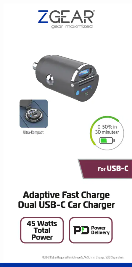 ZGear 45 Watt Dual USB C Car Charger, 1 ct