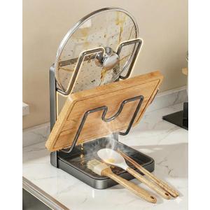 Kitchen Pot Lid Storage Rack & Organizer  Metal Pot Lid Holder While Cooking for Countertop  Heavy Duty Pan Lid Holder Stand with Drip Tray & Spoon Rest for Spatulas, Ladles & Large Lids (2-Layer)