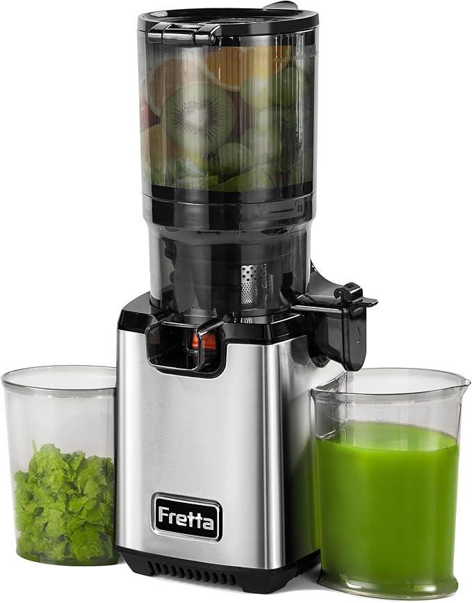 Fretta Cold Press Juicer, Juicer Machines for Vegetable and Fruits, Masticating Juicer with 5.3'' Large Feed Chute Fit Whole Fruits, BPA-Free, Reverse Function, 250W