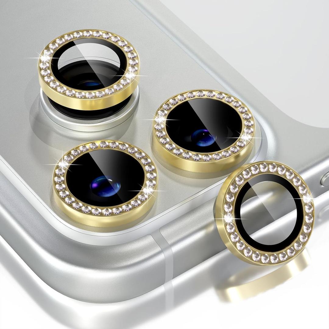 Choiche Compatible for iPhone 17 Pro/iPhone 17 Pro Max Camera Lens Protector Bling, 9H Tempered Glass Camera Cover Screen Protector Metal Ring Decoration Accessories (Diamond-Gold)