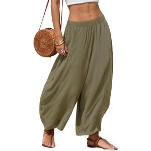 EXLURA Womens Faux Linen Wide Leg Boho Flowy Pants Summer Palazzo Casual Elastic Waist Baggy Trousers Beach Vacation Pockets (Green, XL)