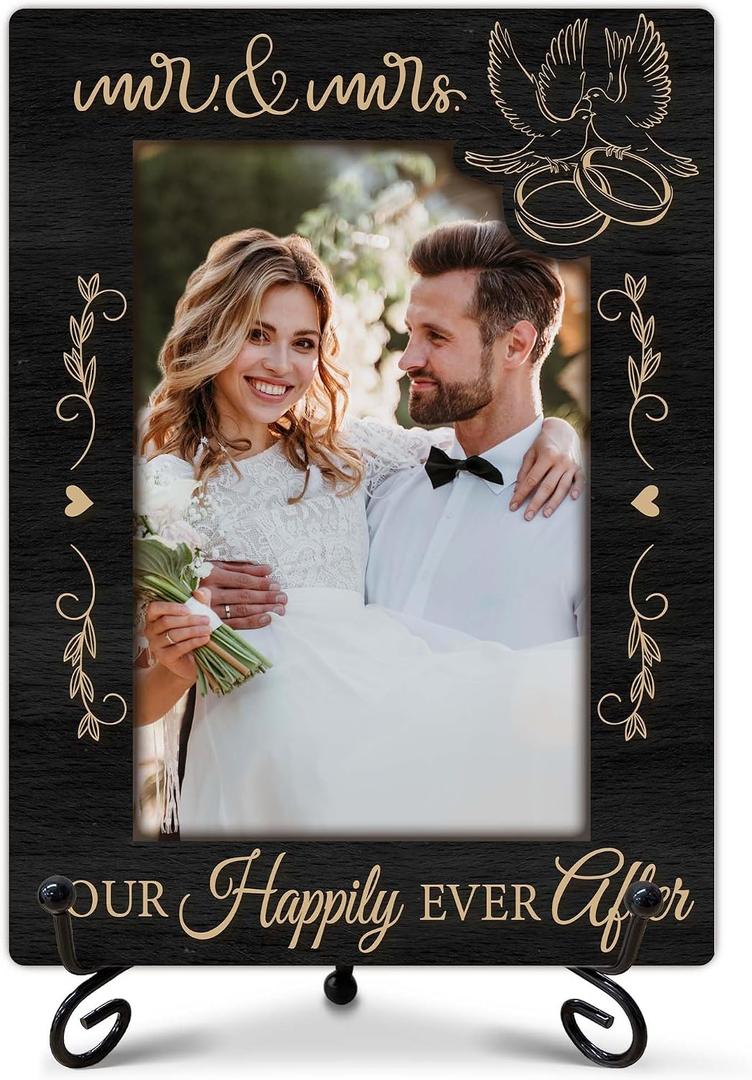 Mr & Mrs Wedding Picture Frame, Mr and Mrs Sign, Our Happily Ever After Photo Frame for 4x6 Photo, Engagement Picture Frames Gifts for Newlywed Couple, Wooden Wedding Frames with Stand for Table-A02, 8x5.7 inches