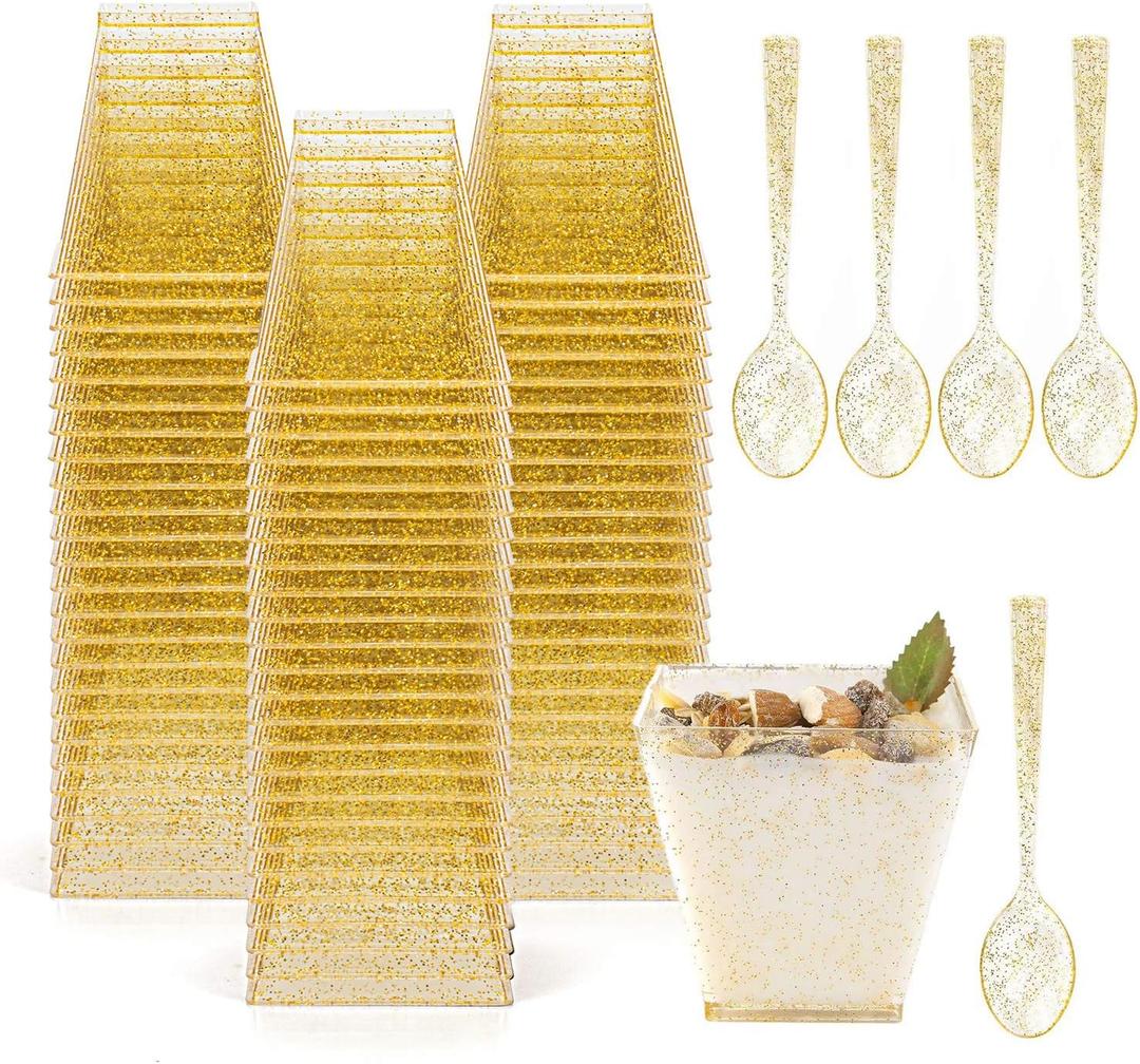 Tebery 100 Pack 8oz Gold Glitter Medium Plastic Dessert Cups With 100 Spoons Square Dessert Bowls for Tasting Party Desserts Appetizers