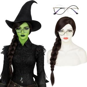 Wiggy Mermaid Brown Black Witch Wig and Glasses Accessories for Adult Women 80CM Long Brown Braided Wig+Cap for Halloween Witches Costume Party Cosplay