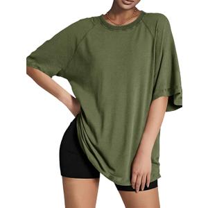 Tankaneo Womens Oversized Tshirts Crew Neck Short Raglan Sleeve Tunic Tops Summer Casual Loose Fit Workout Tee Shirts (L)