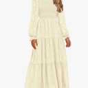 MEROKEETY Women's Fall Long Sleeve Floral Midi Dress Smocked Ruffle Tiered Square Neck Wedding Guest Dresses Pockets S