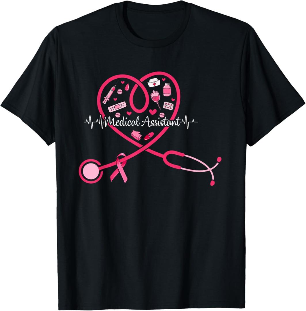 Medical Assistant Pink Stethoscope Heart Pink Breast Cancer T-Shirt, Large