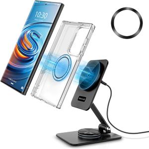 Compatible with MagSafe Charger, 15W MagSafe Charger Stand, 360Rotation Base Adjustable Foldable Wireless Charger for Samsung Galaxy S25 Ultra/Z Fold7/Flip7/iPhone 16 Pro Max, for Travel (Black)