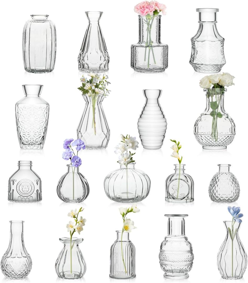 18 Piece Bud Vases Set for Centerpieces, Mini Clear Glass Vases for Wedding & Anniversary Decor, Small Vintage Vases for Flowers, Home Table Decor (Shower Room, Birthday, Propagation) 