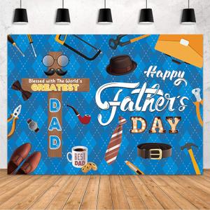 MEHOFOND Father's Day Christian Backdrop Blessed with The World's Greatest Dad Wall Decorations Banner Happy Fathers Day Bible Cross Blue Super Dad Background Father's Day Party Decor Supplies(7x5ft)