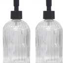 Clear Glass Soap Dispenser with Pump, 2 Pack 13.5oz Bathroom Soap Dispenser with Vertical Stripe for Hand Wash and Dish Wash, Elegant Refillable Hand Dispenser for Dishwashing Liquid, Lotion