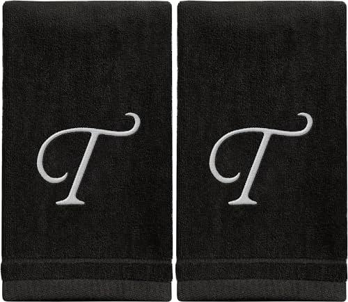 Monogrammed Towels Fingertip, Personalized Gift, 11 x 18 Inches - Set of 2 White Embroidered Towel - Extra Absorbent 100% Cotton - Soft Velour Finish - For Bathroom/ Kitchen/ Spa - Initial T (Black)