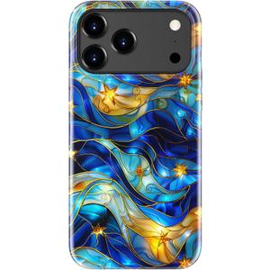 DorisMax for iPhone 17 Pro Case - Wireless Charging Compatible - Dual-Layer Hard Shell + Silicone Cover - Shockproof Protective Phone Case with Stylish Designs for Women - Abstract Bule Gold Water