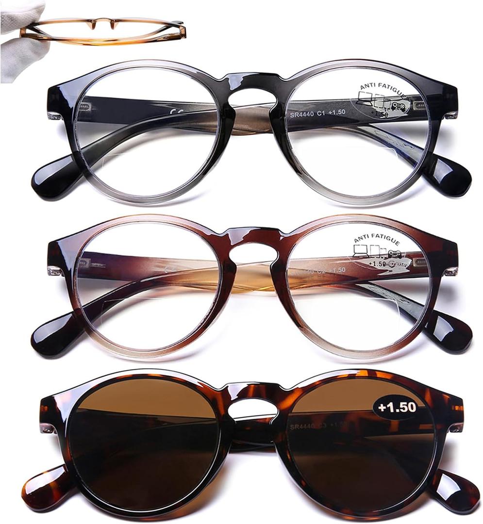 AQWANO 3-Pack Bifocal Reading Glasses Computer Blue Light Blocking, Stylish Round Comfort Ultra-Thin Frames Lightweight Bifocal Readers Sunglasses Men Women, 1.0