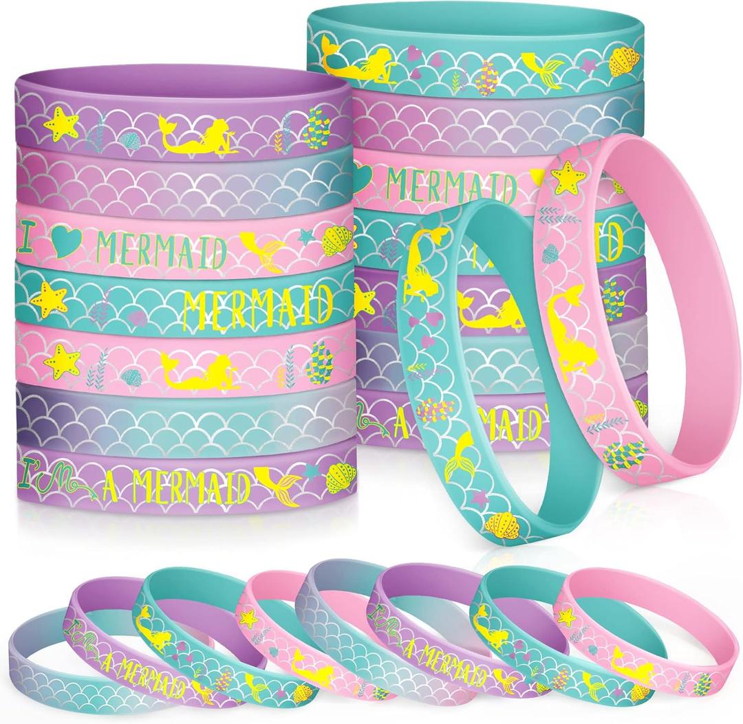 Zomiboo 24 Pack Mermaid Silicone Wristband Birthday Bracelets Mermaid Party Favors for Boys Girls Birthday Party Under The Sea Themed Baby Shower Supplies Classroom Gift Exchange School Games Prizes