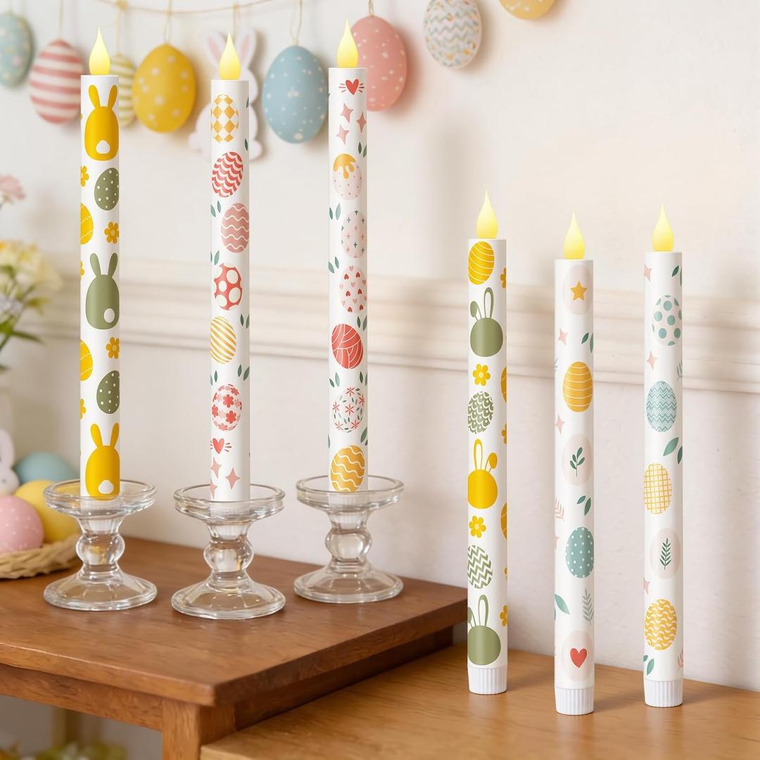 Honoson 6 Pcs Easter Flameless Taper Candles 10.6 Inch Colorful Egg Bunny Candles Battery Operated LED Candlesticks for Easter Dinner Table Home Party Decor
