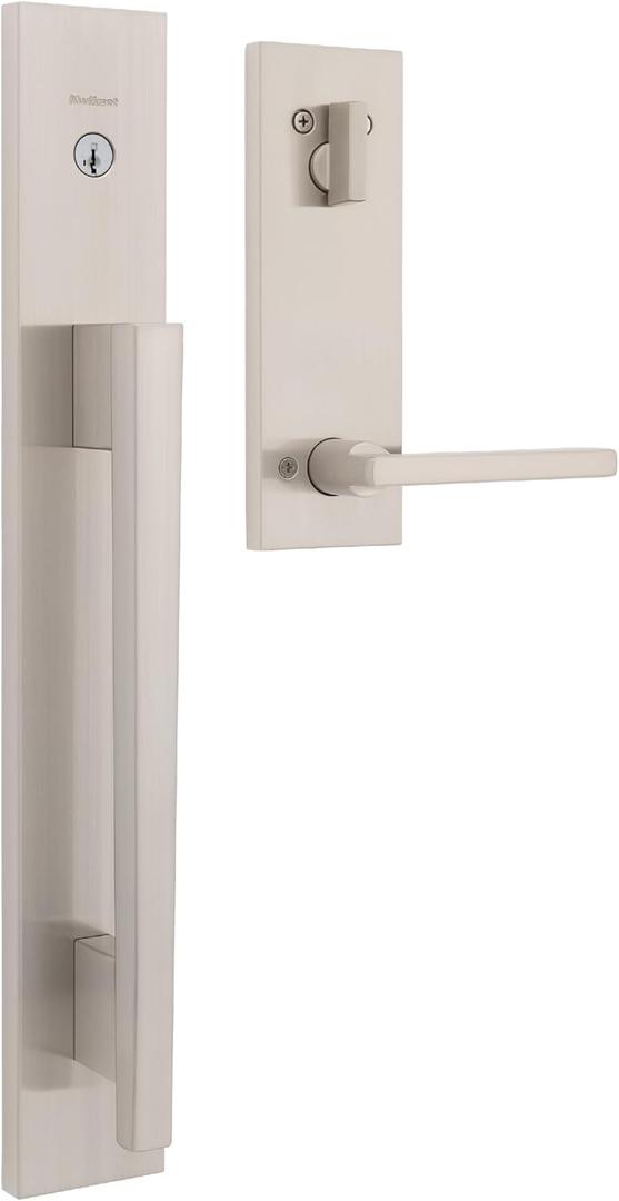 Kwikset Caerus Front Door Lock Handle and Deadbolt Set, Entry Handle set Exterior with Interior Lever, Satin Nickel, Smart Key Re-Key Security, with KwikSlide, Door Handle Backplate Full Escutcheon