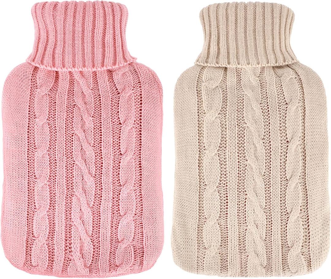 2 Pieces Hot Water Bottle Cover Soft Cover Only Knitted Hot Water Bottle Sweater for Winter Compress and Cold Therapy, Menstrual Cramps, Neck, Shoulder Pain Relief(Pink, Khaki)