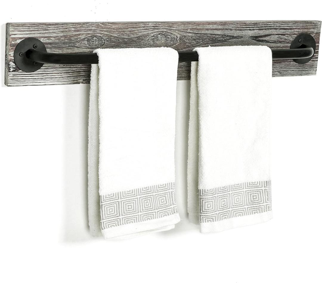 MyGift Bathroom Towel Rack, Hand Towel Holder Wall Mounted, Industrial Fixtures Hanging Towel Bar, Farmhouse Bathroom Decor, Rustic Torched Solid Wood with Realistic Metal Pipe