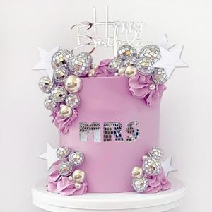 40Pcs Disco Ball Cake Toppers Silver Balls Cake Decorations with Silver Mirror Balls Happy Birthday Cake Topper Star Cake Toppers for 70s 80s 90s Disco Music Dance Themed Party Decorations Supplies