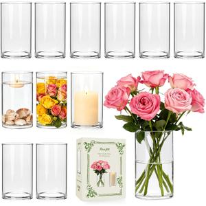 12pcs Thick Glass Cylinder Vase 6 Inch Clear Glass Flower Vase & Floating Candle Holders for Centerpieces,Cylinder Vases Bulk Weighted Base for Wedding, Home & Dining Table Dcor Gift