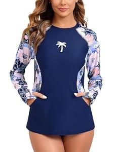 Halcurt Women Swim Shirt with Built in Bra Rash Guard with Pockets Thumb Hole Swimsuit Top Floral L