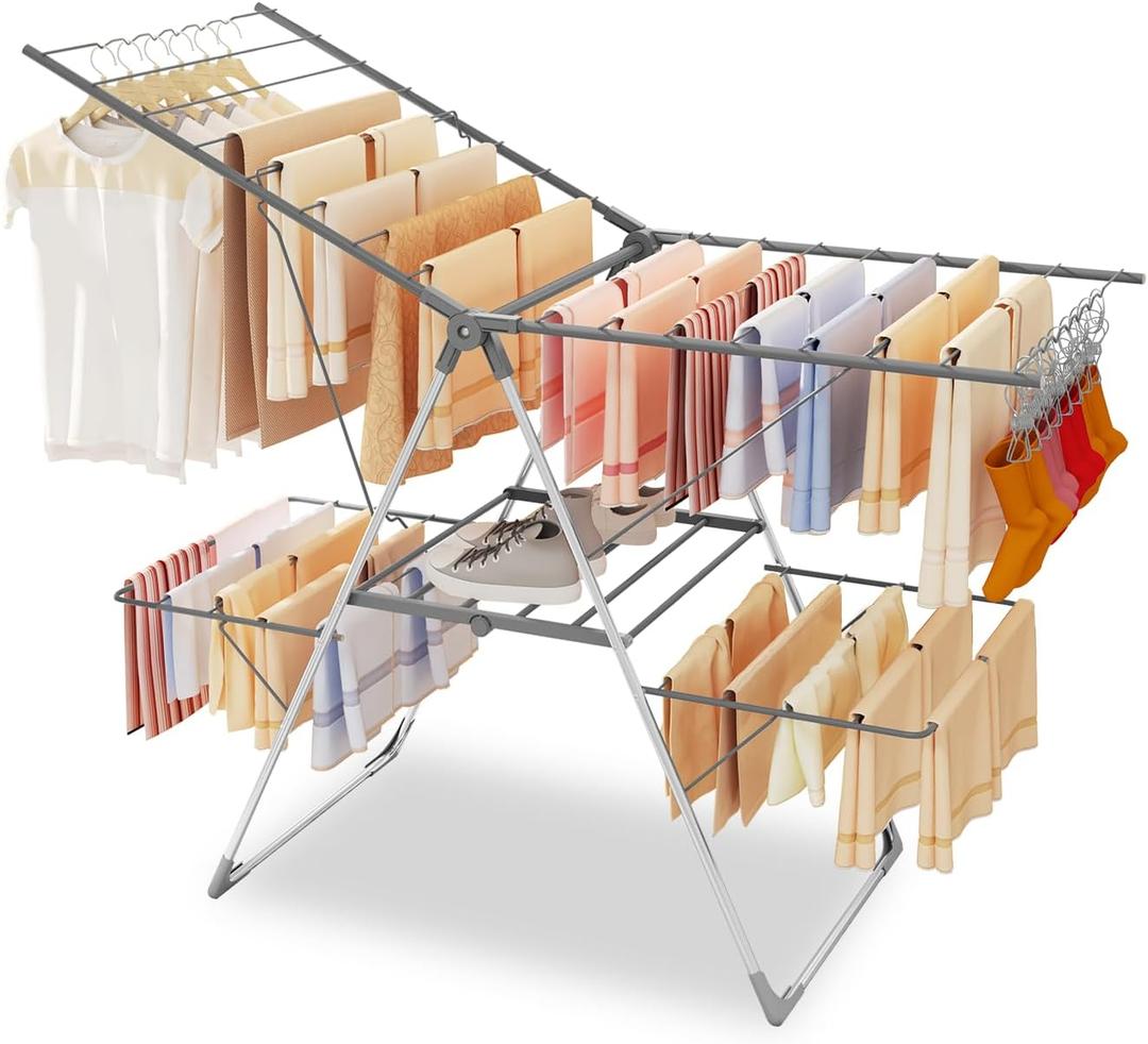 Bigzzia Clothes Drying Rack Foldable, 2-Level Large Laundry Drying Rack Collapsible, Stainless Steel Drying Rack Clothing for Indoor Outdoor, Easy to Fold, 33 Drying Rails, 56.1" L 22.7" W, Gray