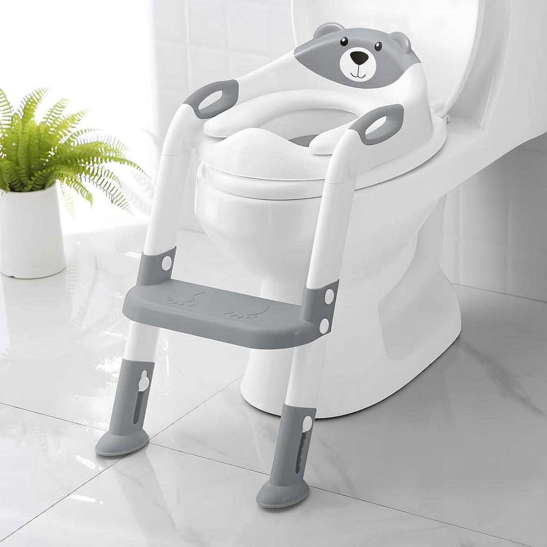 Potty Training Seat SKYROKU Potty Training Toilet with Step Stool Ladder, for Kids Boys Girls Toddlers - Comfortable Safe Potty Seat with Anti-Slip Pads Ladder 8838, Grey