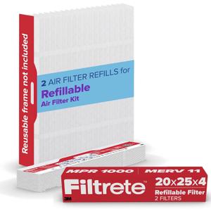 Filtrete 20x25x4 Refillable Air Filter replacement, MPR 1000, MERV 11, Allergen Defense, 2 Pack, use with reusable air filter frame of Filtrete Refillable Air Filter Kit 20x25x4, for HVAC, Furnace, AC