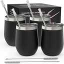 CHILLOUT LIFE 12 oz Stainless Steel Wine Tumblers 4 Pack - Double Wall Vacuum Insulated Wine Cups with Lids and Straws Set for Coffee, Wine, Cocktails - Powder Coated Black