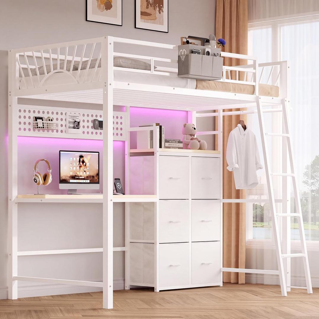 Decofy Twin Loft Bed with Desk and 6 Storage Drawers, Metal Loft Bed Twin Size with Charging Station & LED Lights, Bed Frame with Hanging Rod, Safety Ladder & Guardrail, Bedside Caddy for Kids, Teens
