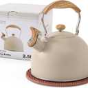 LONFFERY Tea Kettle for Stove Top, 2.5 Quart Whistling Tea Kettle, with Food Grade Stainless Steel and Wood Pattern Folding Handle, Creamy White
