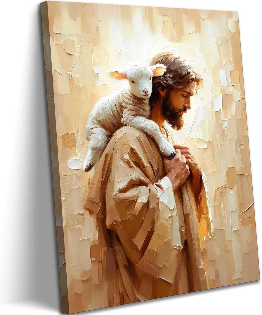 Jesus and Lamb Canvas Wall Art Jesus Saves the lost lamb Wall Decor Pictures Christian Lamb of God Painting Posters Prints for Dining Living Room Kitchen Wall Bedroom Decoration (16L" x 24W")