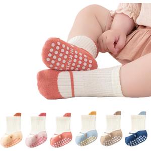 Baby Toddler Non-Skid Crew Socks Non Slip Socks Girl Boy Newborn Infant First Walking Floor Socks 6 Pairs (0-12 Months, Shoe-like)