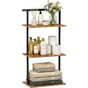 3-Tier Over the Toilet Storage Rack, Metal Wood Wall Mounted Floating Shelves for Bathroom Living Room Office, Rustic Brown