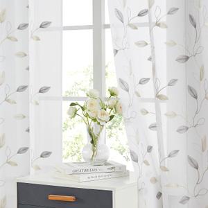 Bujasso Embroidered Leaf Sheer Curtains Floral Farmhouse Light Filtering Window Panels Botanical Patterned Drapes for Living Room Bedroom Grommet Top, Gray Beige 38" Wx95 Lx2 (Yellow Grey)