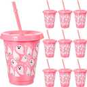 10 Pcs Halloween Ghost Plastic Cups with Lids and Straw Pink Ghost Boo Tumbler 16oz Reusable Drinks Cups for Cold Hot Coffee Movie Night Birthday Halloween Party Decorations