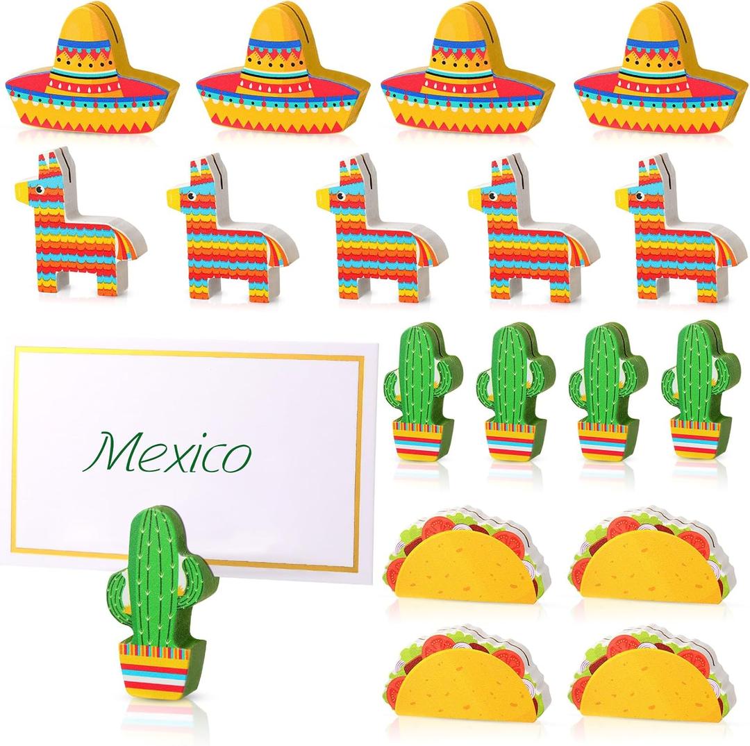 18 Pcs Mexican Cinco De Mayo Wooden Place Card Holder and 25 Pcs Gold Foil White Card Mexican Wooden Table Sign Picture Number Sign Stands Holder for Mexica Fiesta Party Events