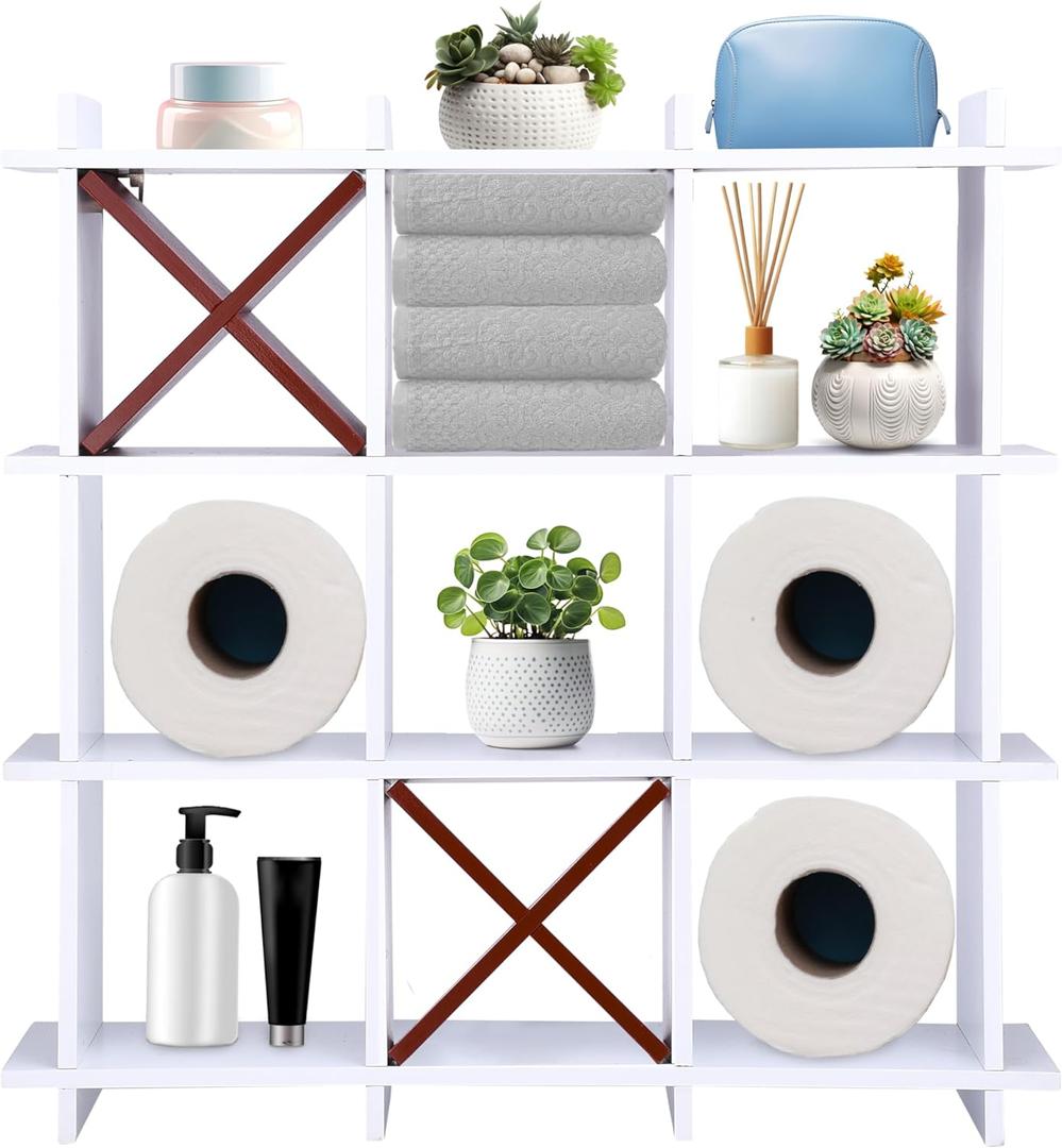 Tic Tac Toe Toilet Paper Holder Stand - Wall Toilet Paper Storage - Hanging Tic Tac Toe Decor - Rustic Wall-Mounted Bathroom Shelf - Wooden Decorative Shelf - White with Brown Cross