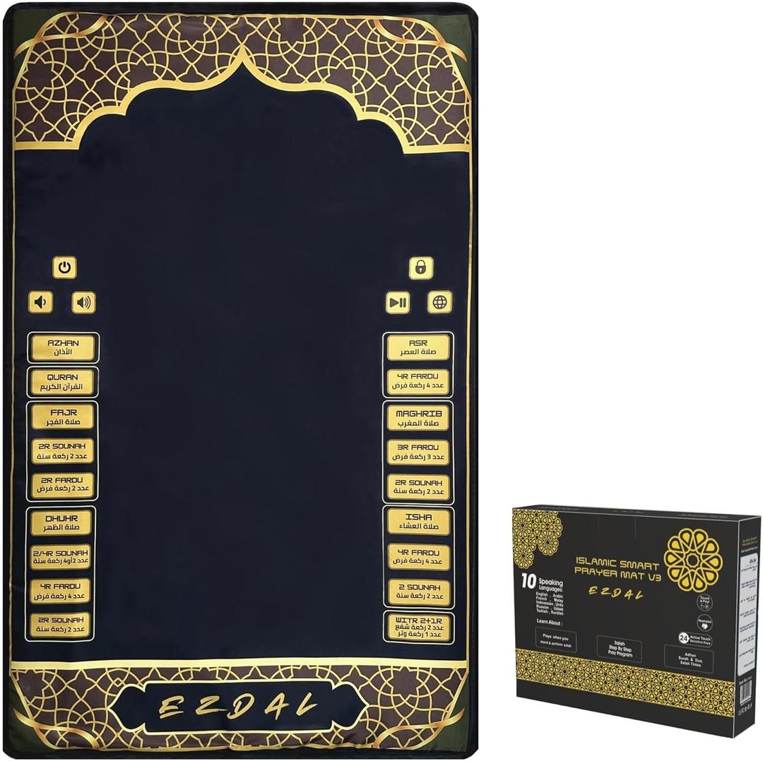 Smart Interactive Prayer Mat V3  Touch Sensor Quran Recitations Multilingual Portable Foldable Salah Mat - Islamic Audio Prayer Rug for Kids Women Men & Adults