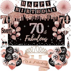 70th Birthday Decorations for Women: 33pcs Kit with Crown, Sash, Banner, Backdrop, Balloons, Swirls & Fans in Rose Gold & Black